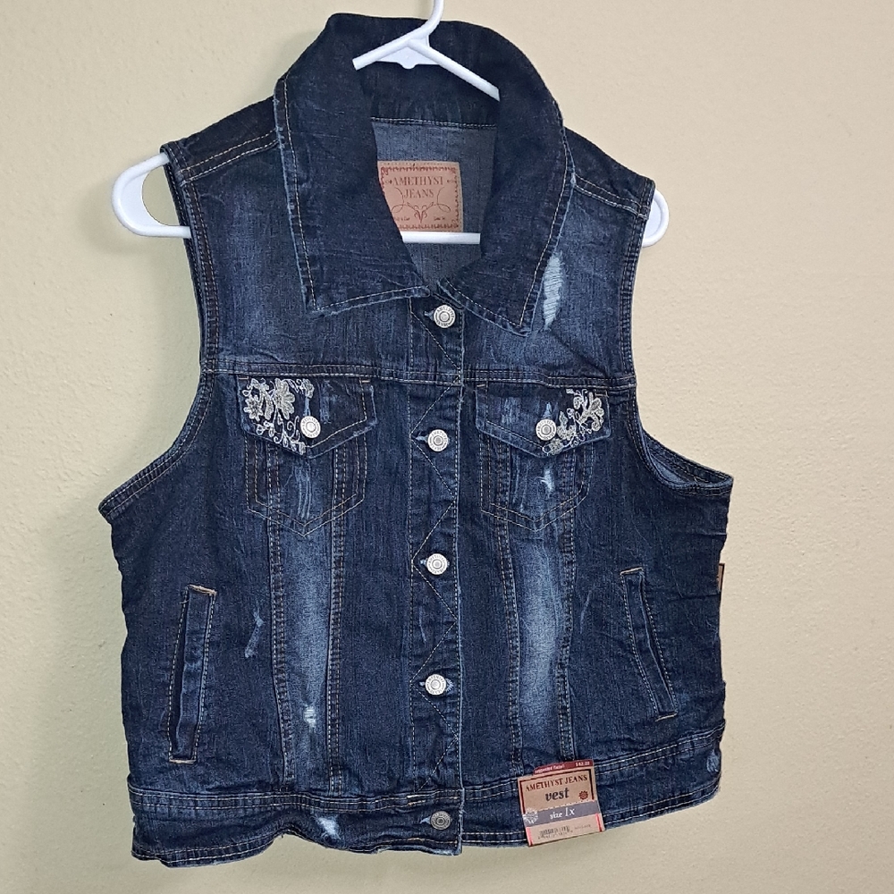Embroidered Denim Vest Amethyst Jeans Brand Size 1x Jean